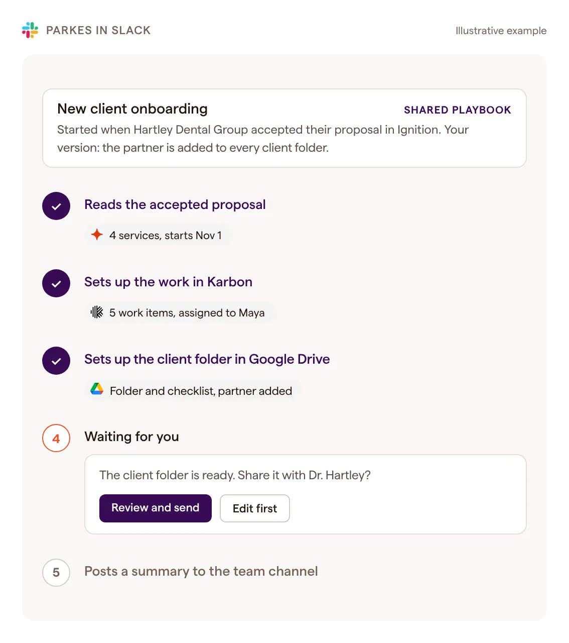 A shared onboarding playbook started by an accepted Ignition proposal, three steps done across Ignition, Karbon and Google Drive, and step four waiting for approval

